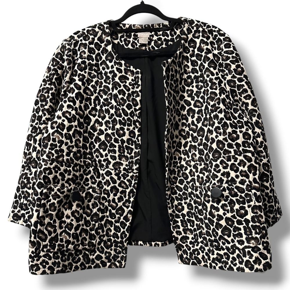 Chicos Leopard Cheetah Print Jacquard Open Front Topper Jacket Pockets Size 3 XL
